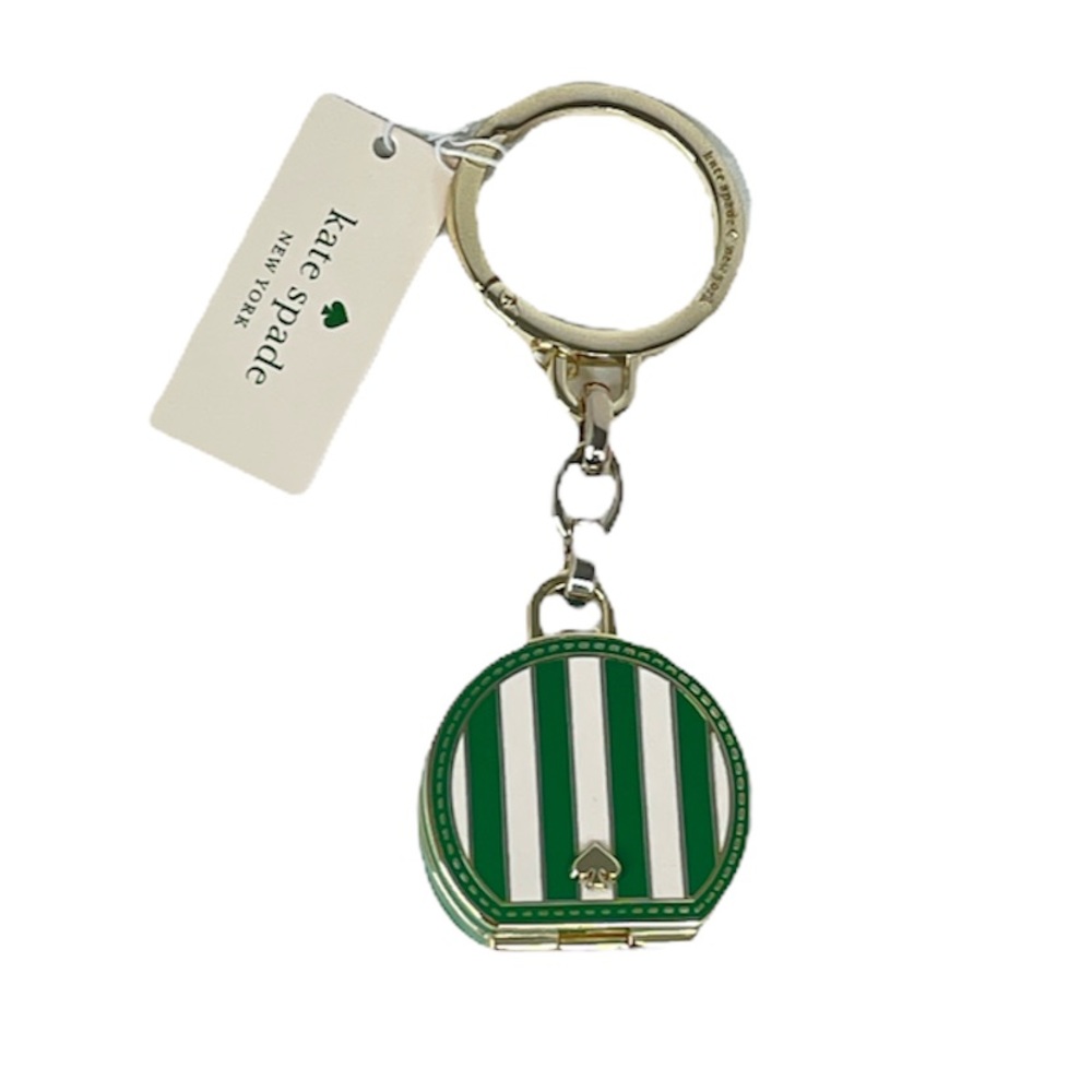 Kate Spade Traveler Stripes Key Chain Key Fob Green Gold - Picture 5 of 5